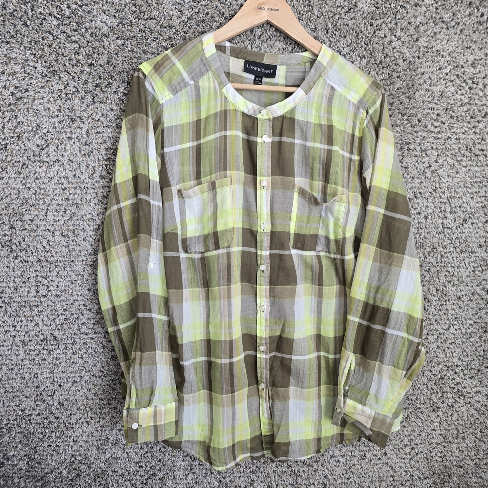 Lane Bryant Top Womens Plus 18/20 Green Plaid Semi Sheer Button Roll Tab Sleeve